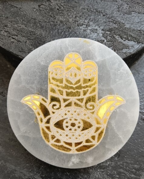 Disco selenite mano Fatima dorata